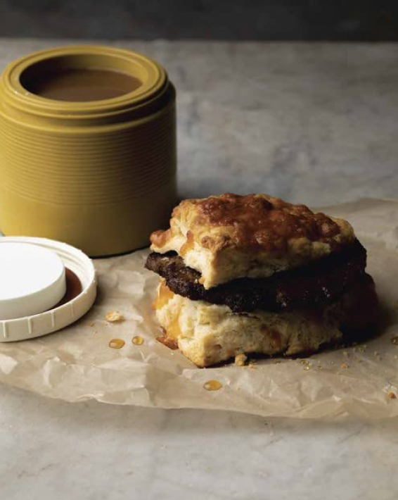 Sausage on cheese biscuits to go