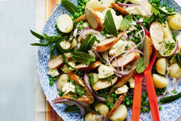 Sausage, pea and feta salad