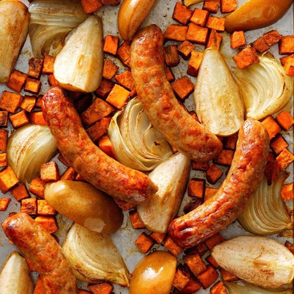Sausage, pear & sweet potato sheet-pan dinner