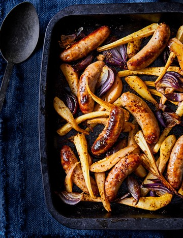 Sausage, pear and parsnip traybake