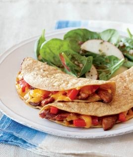 Sausage-pepper quesadillas with spinach-apple salad