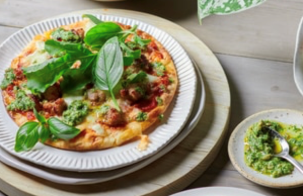 Sausage pitas with herb pesto