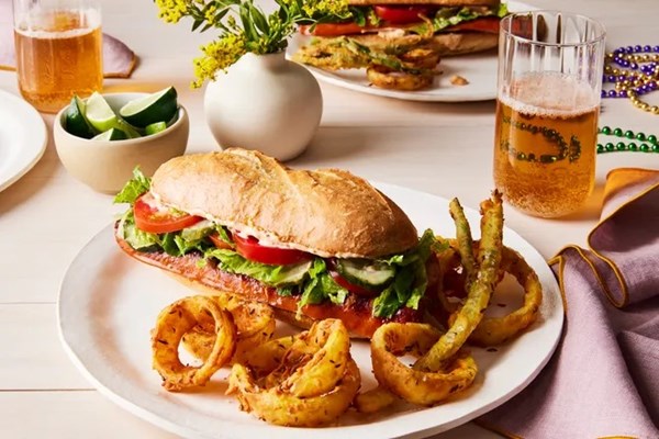 Sausage po'boy with spicy remoulade sauce