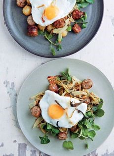 Sausage, potato, fennel and watercress with a fried egg