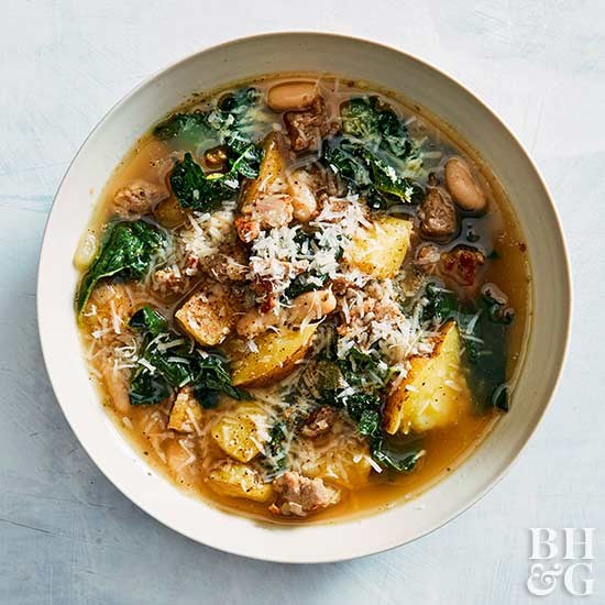Sausage, potato, white bean, and kale soup