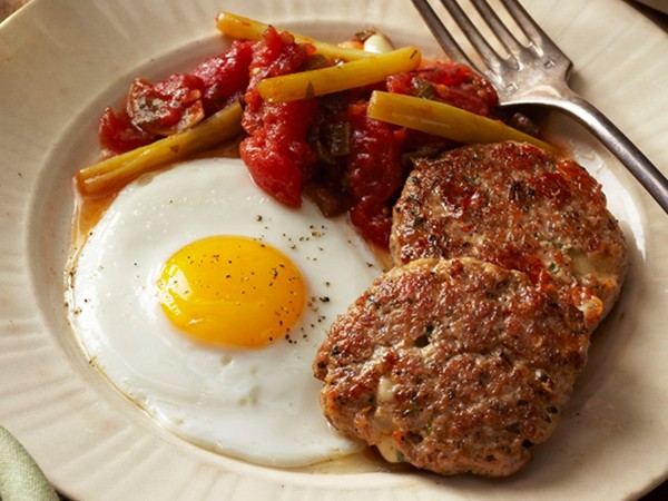 Sausage-provolone patties with fried eggs