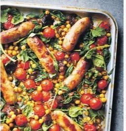 Sausage, prune & chickpea traybake