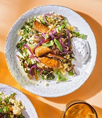 Sausage, red onion, and rainbow chard couscous