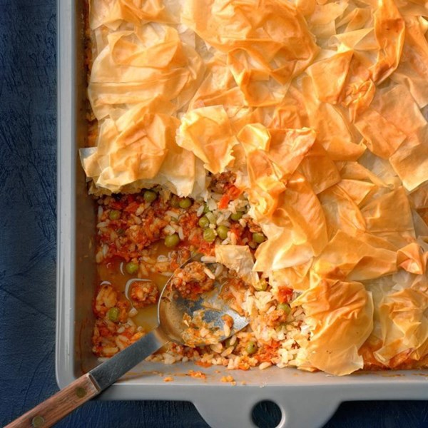 Sausage-rice phyllo casserole