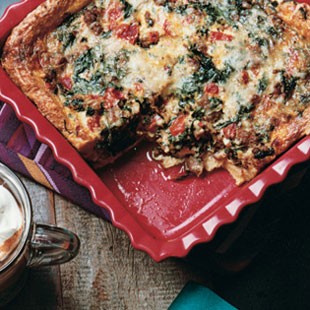Sausage, roasted red pepper, and spinach torta rustica