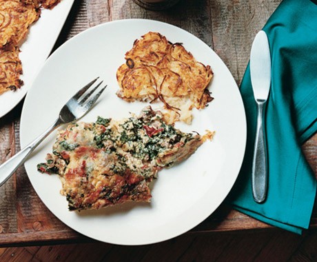 Sausage, roasted red pepper, and spinach torta rustica