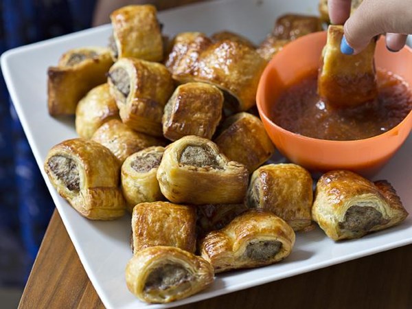 Sausage rolls with tomato relish [Daniel Wilson]