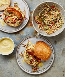 Sausage sandwich with apple mustard and slaw