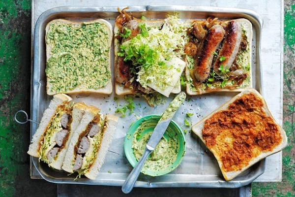 Sausage sandwich with herb mustard and kasundi