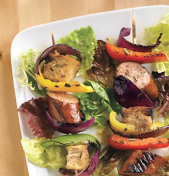 Sausage, sourdough, and bell pepper spiedini