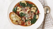 Sausage, spinach, tomato, and tortellini soup