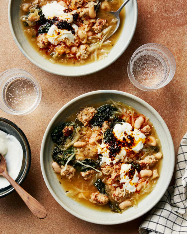 Sausage stew with soured cream and chilli oil