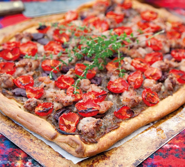 Sausage, tomato and olive pissaladiére