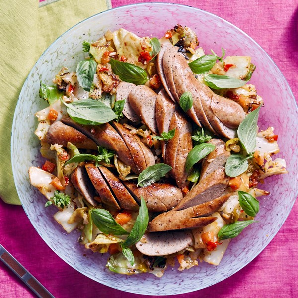 Sausage with charred cabbage and giardiniera 