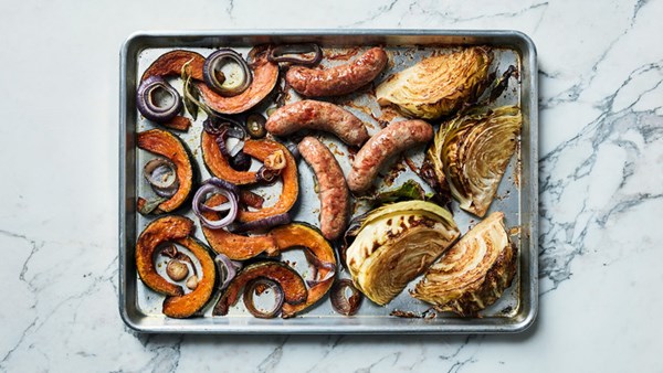 Sausage with roasted cabbage and squash