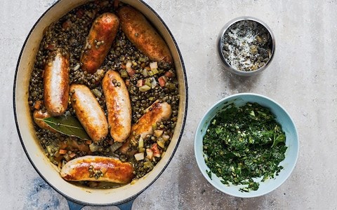 Sausages and lentils with  herb relish
