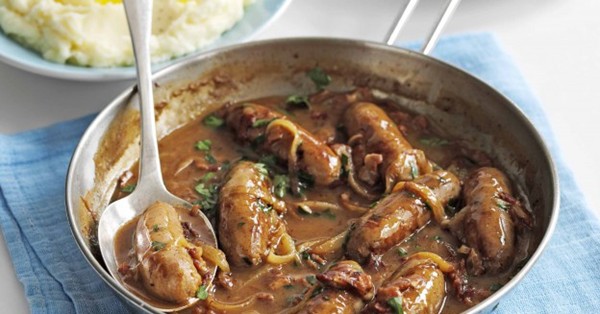 Sausages braised with smoky bacon and cider