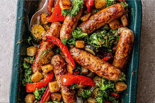 Sausages, roasted veg & rosemary potato traybake