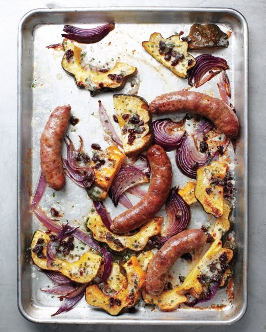 Sausages with acorn squash and onions