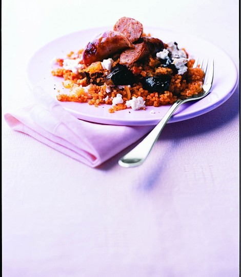 Sausages with aubergine bulgar pilaf