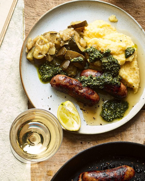 Sausages with braised courgettes and polenta