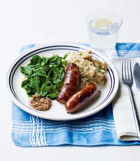 Sausages with cheesy butter bean mash