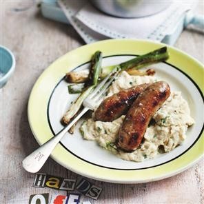 Sausages with griddled spring onion and butter bean mash