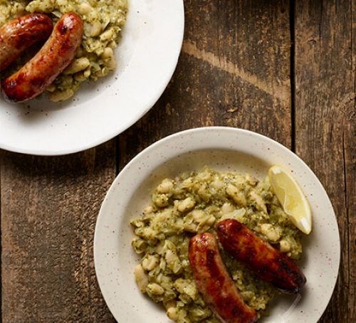 Sausages with herby white beans