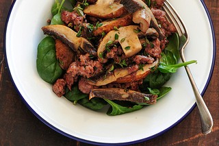Sausages with mushies, 2 ways