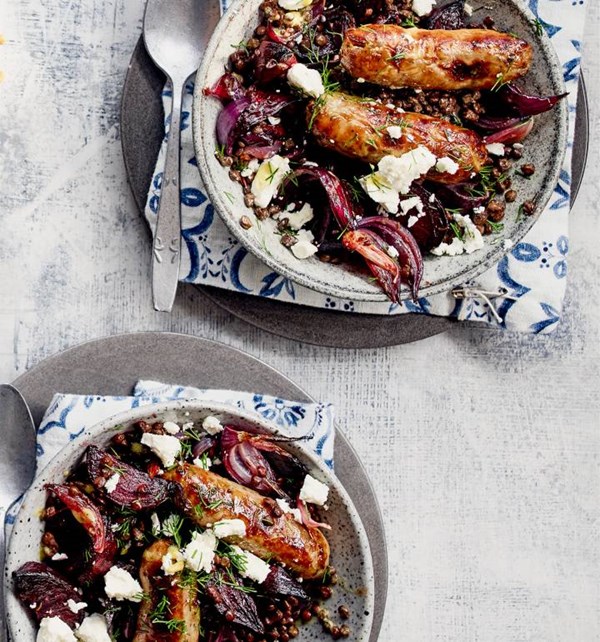 Sausages with mustardy lentils, beetroot & feta