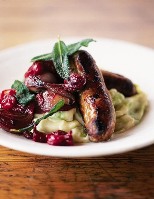 Sausages with pan-cooked chutney and leek mash