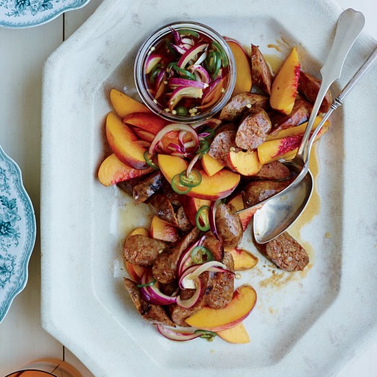 Sausages with peaches and pickled chiles