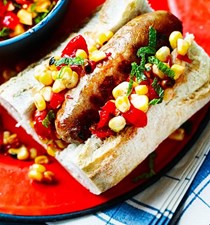 Sausages with spicy charred corn salsa