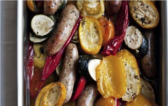 Sausages with summer vegetables
