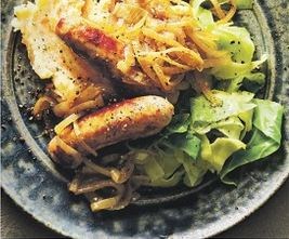 Sausages with sweet & tangy onions and mixed root mash