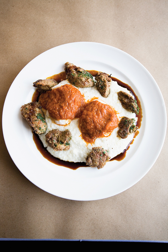 Sauted chicken livers with Anson Mills grits, poached egg & Creole sauce