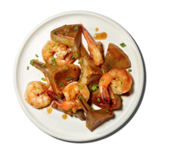 Sautéed artichokes with shrimp and garlic