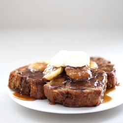 Sauteed banana bread with caramelized bananas & flaming whisky sauce
