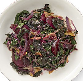 Sautéed beets and beet greens with red onions and garlic