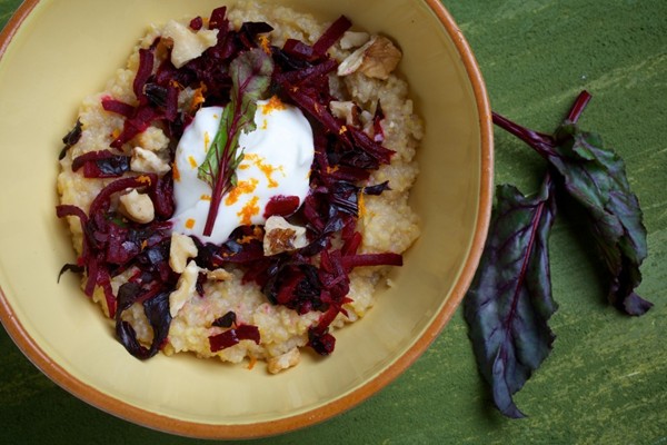 Sautéed beets and greens over polenta