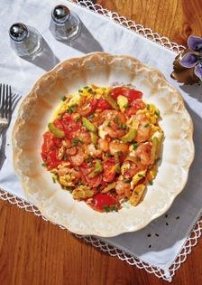 Sautéed bitter melon, tomato, shrimp, and egg (Ginisang ampalaya)