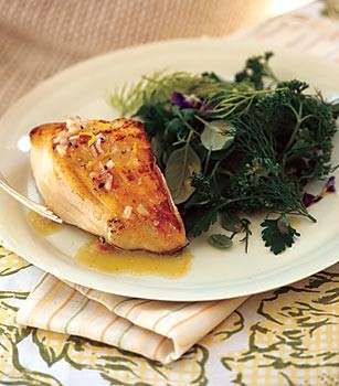 Sauteed black cod with shallot-lemon vinaigrette and fresh herb salad