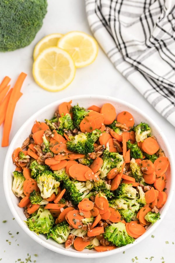 Sautéed broccoli and carrots with pecans