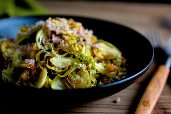 Sautéed Brussels sprouts and apple with prosciutto