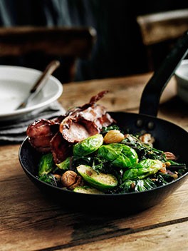 Sautéed Brussels sprouts with curly kale, bacon and chestnuts